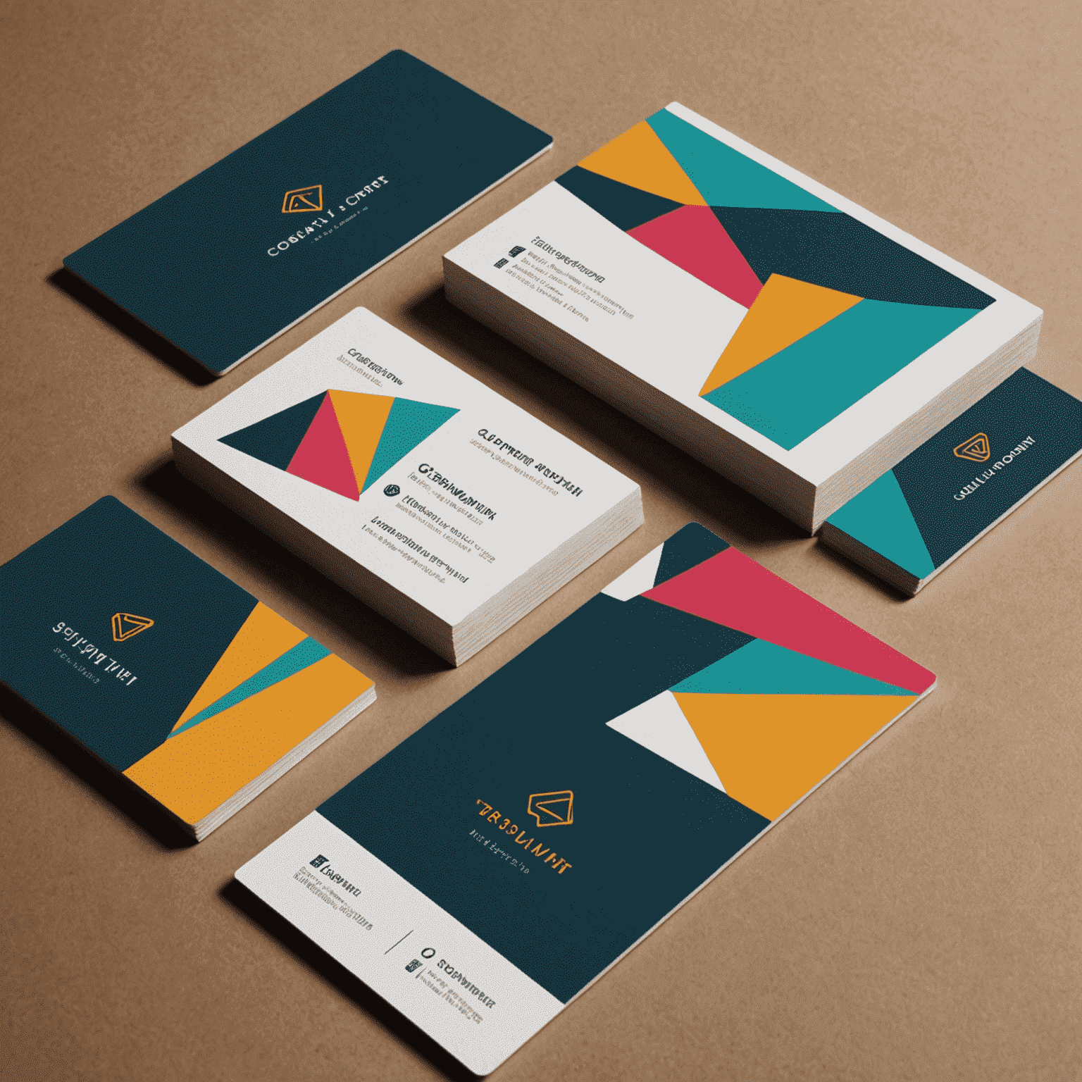 A collage of vibrant, modern business card designs featuring bold colors, unique textures, and innovative shapes. The cards showcase a mix of minimalist and intricate designs, some with metallic finishes and others with embossed elements.