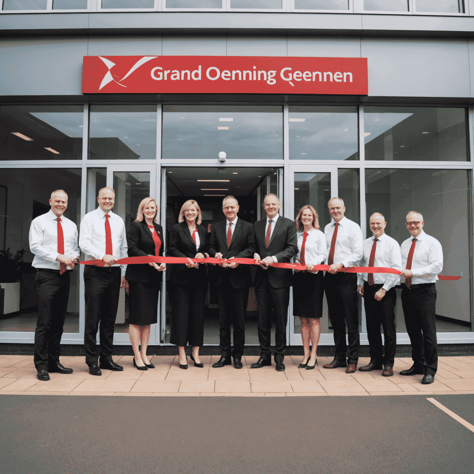 Grand opening ceremony of our new UK office, showing a modern building facade with our company logo prominently displayed. A red ribbon is being cut by company executives and local officials.