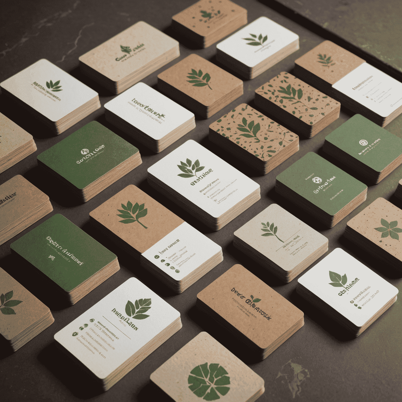 A collection of eco-friendly business cards made from recycled materials, featuring earthy tones and natural textures. Some cards have embedded seeds that can be planted.