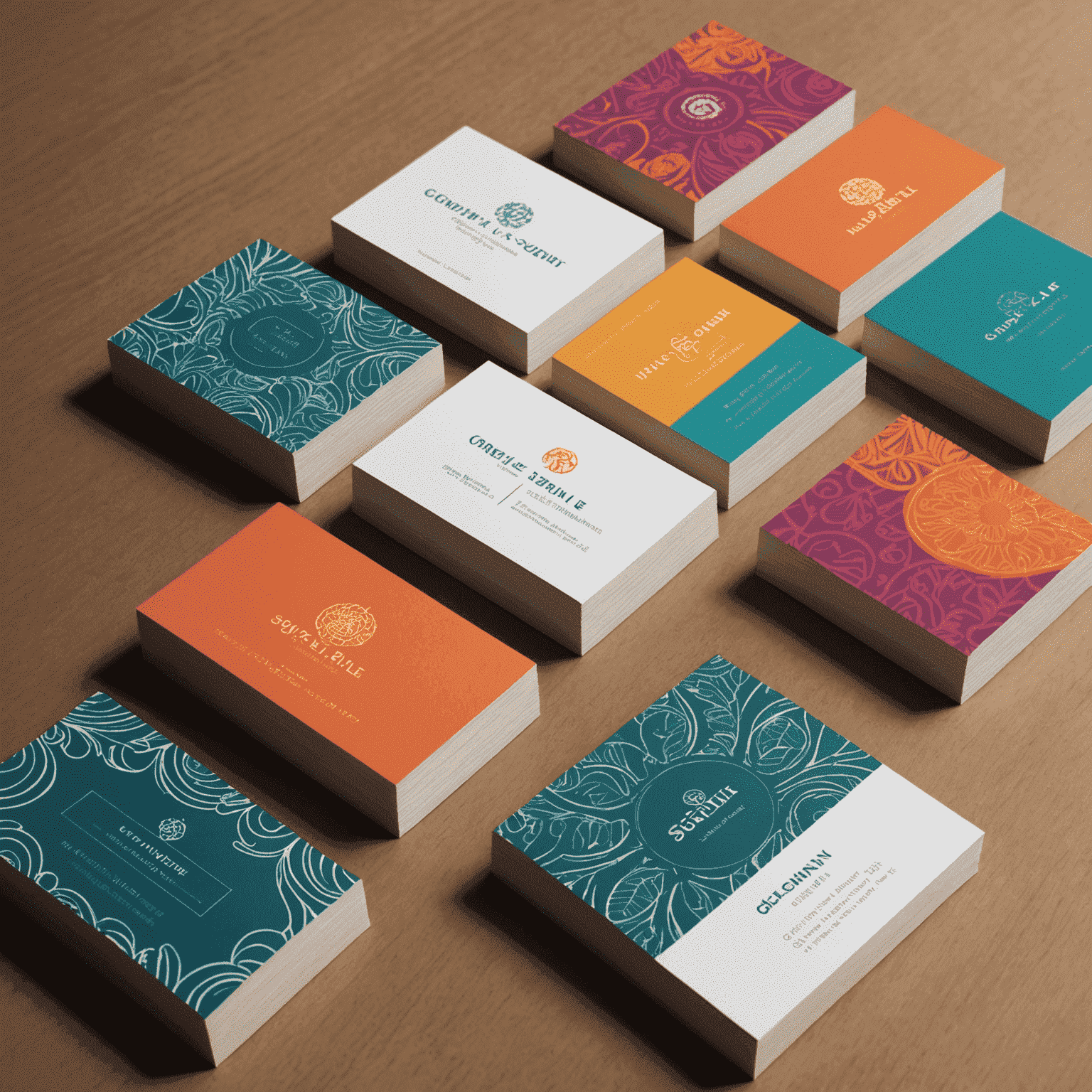 A collection of beautifully designed custom business cards with vibrant colors and unique patterns, showcasing various logo placements and typography styles