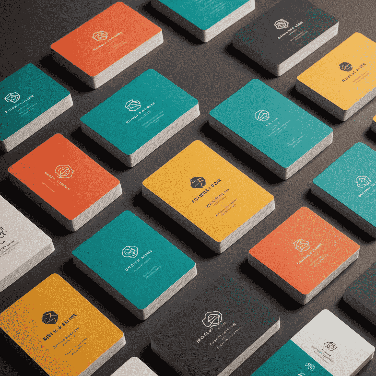 A collection of vibrant, custom-designed business cards featuring bold colors, unique shapes, and creative layouts. The cards showcase various textures, finishes, and printing techniques.