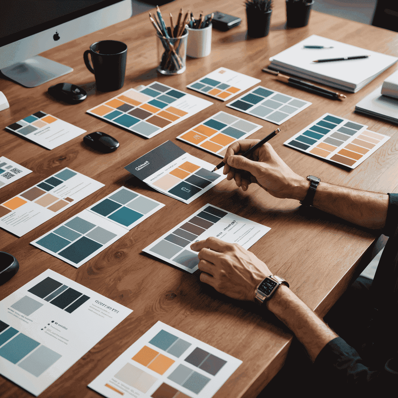 A professional designer consulting with a client over custom business card designs. The image shows various card samples, color swatches, and branding materials spread out on a modern office desk.