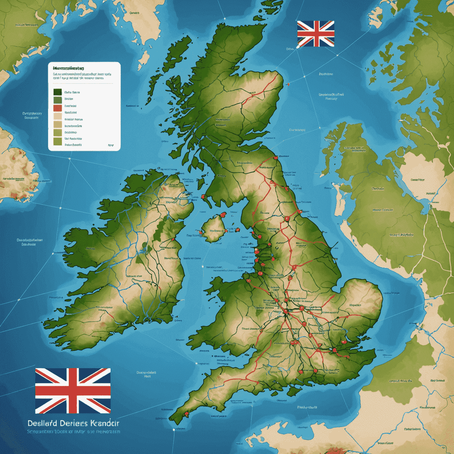 Map of the United Kingdom with delivery routes highlighted, showing a network of fast and efficient delivery services across major cities and rural areas