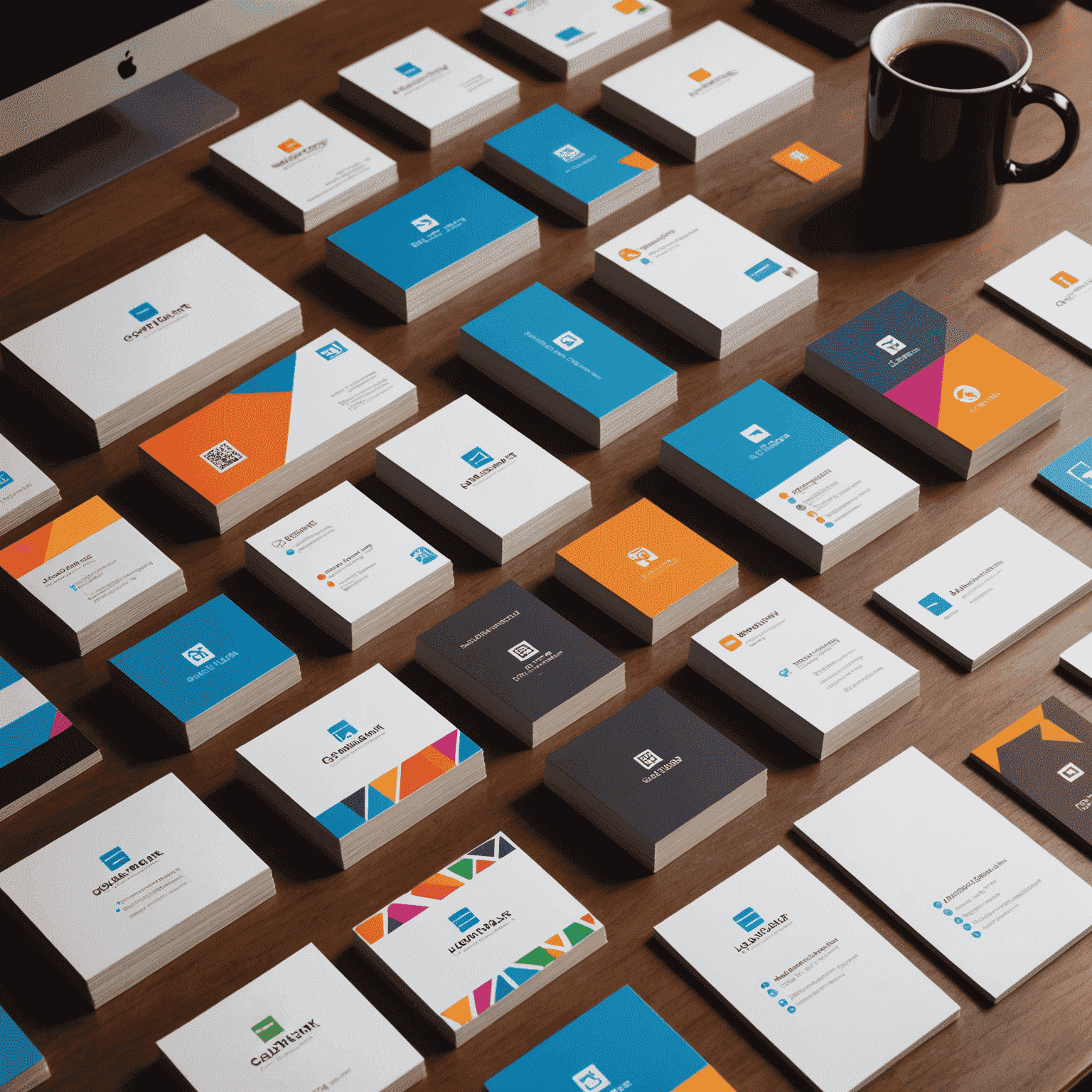 A collection of vibrant, custom-designed business cards spread out on a sleek office desk, showcasing various UK-inspired designs and our company's creative capabilities.