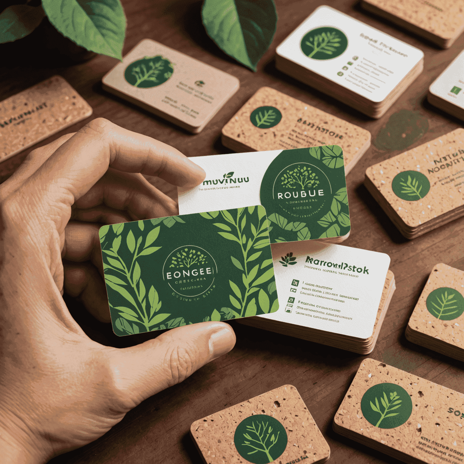 A hand holding various eco-friendly business cards, showcasing different materials like recycled paper, seed paper, bamboo, and cork. The cards feature vibrant, nature-inspired designs.