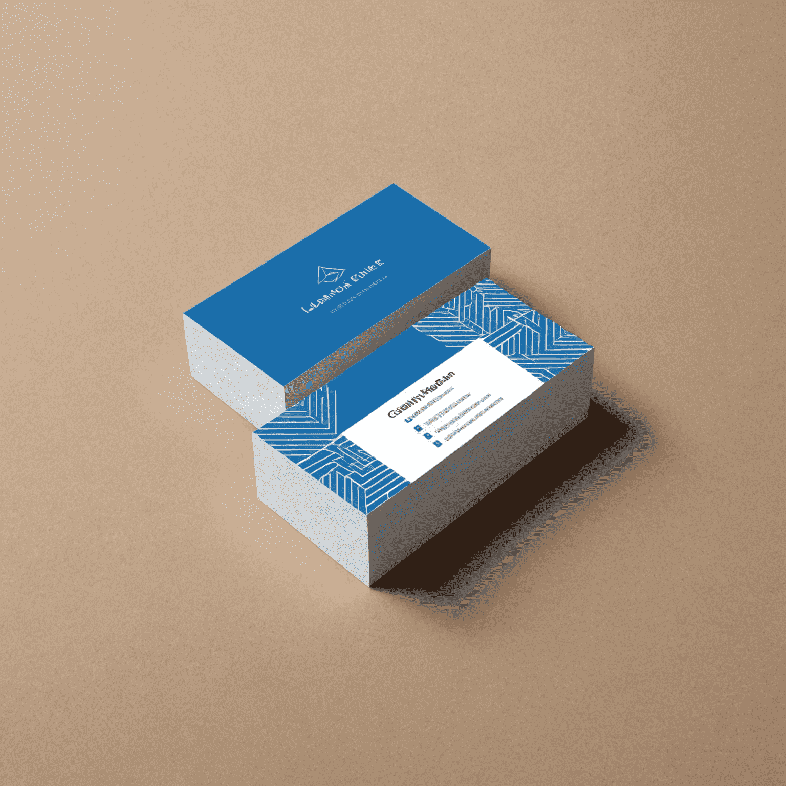 A sleek, minimalist business card design with a bold electric blue background and white text, featuring a unique geometric pattern.