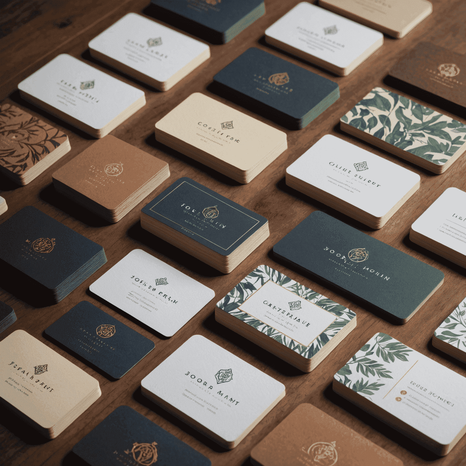 Assortment of beautifully printed custom business cards showcasing various designs and finishes