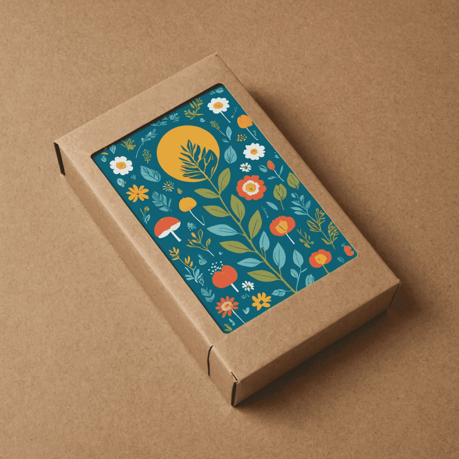 A recyclable cardboard sleeve with a vibrant, colorful print design for eco-conscious card packaging