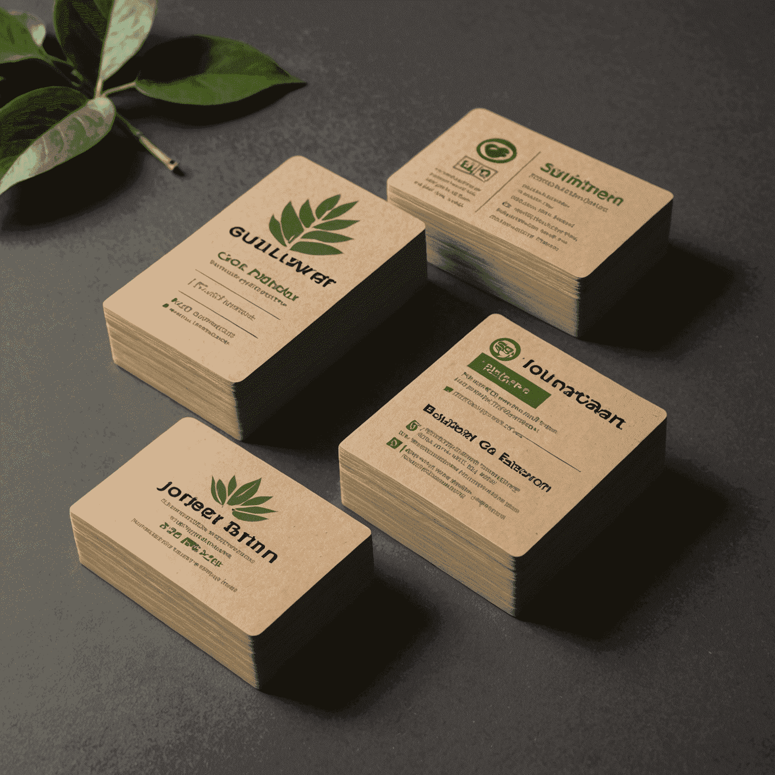 A collection of sustainable business cards made from recycled materials, bamboo, and other eco-friendly options