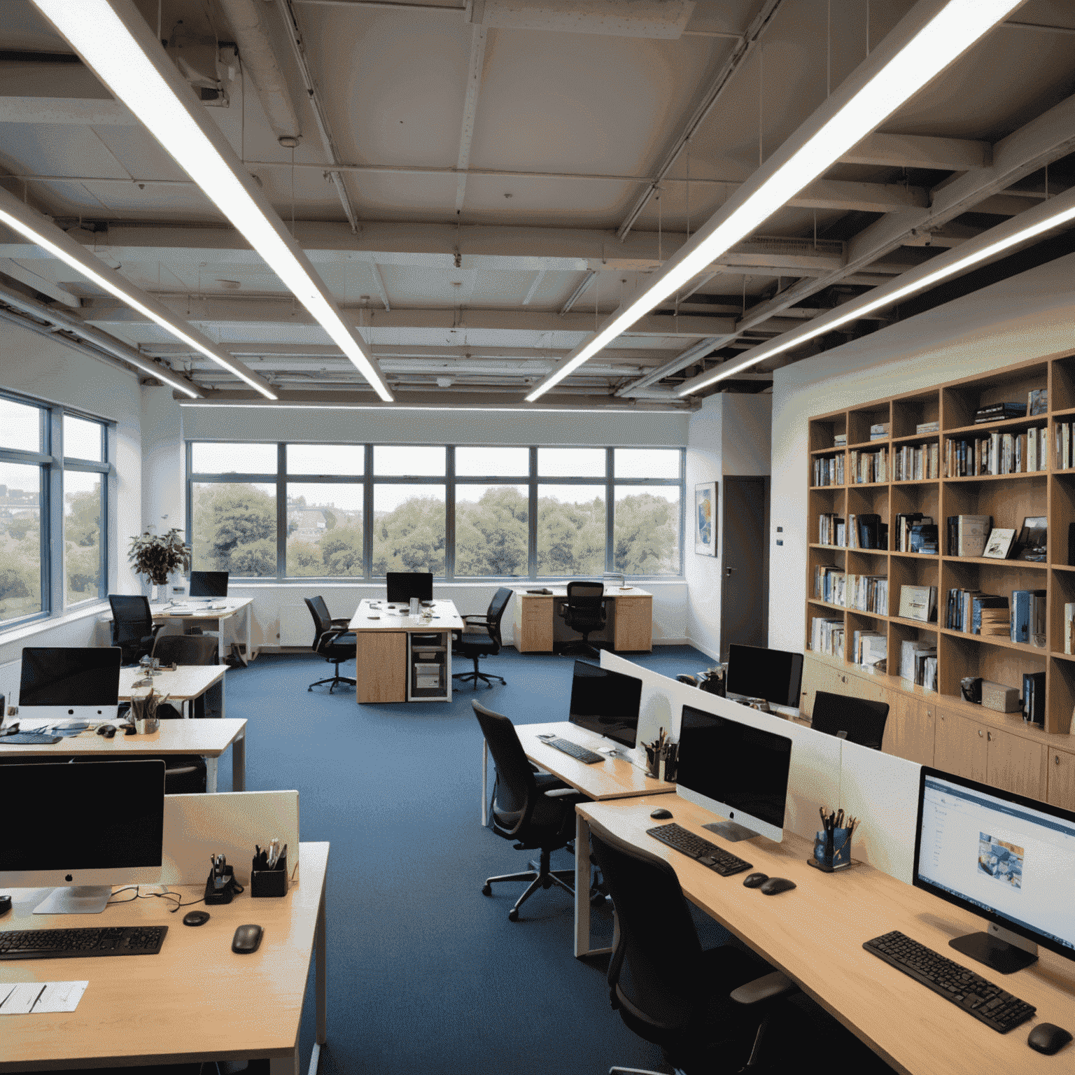 A panoramic view of the interior of our new UK office, showcasing a modern open-plan design with creative workspaces, printing equipment, and a wall displaying an array of innovative custom card designs.