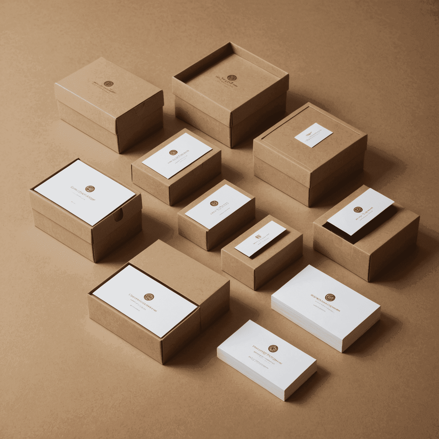An array of elegant packaging options for business cards, including sleek cardboard boxes, transparent acrylic cases, and eco-friendly kraft paper envelopes