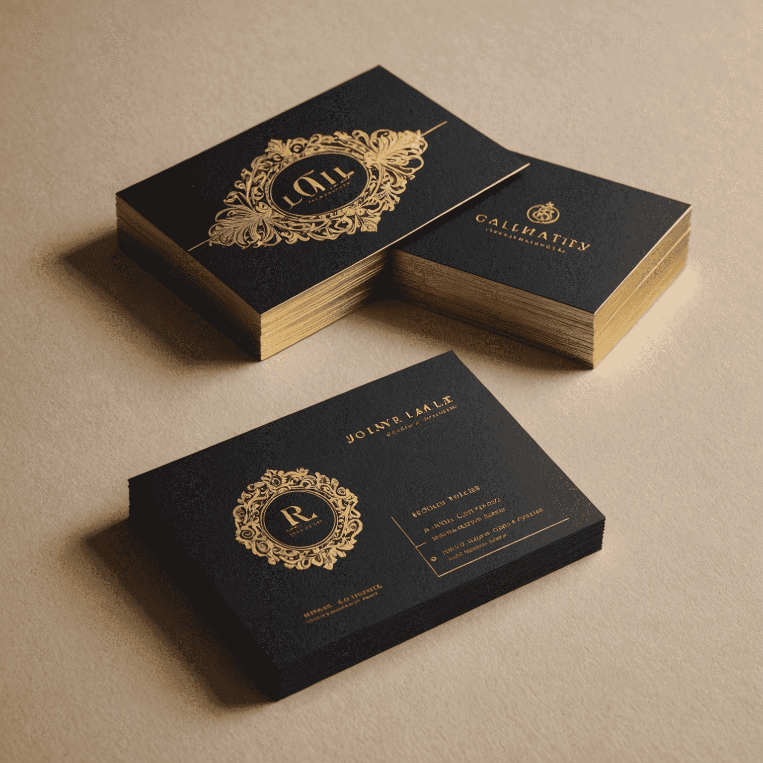 A luxurious business card with gold foil accents on a deep, rich background, showcasing elegant typography and a subtle texture.