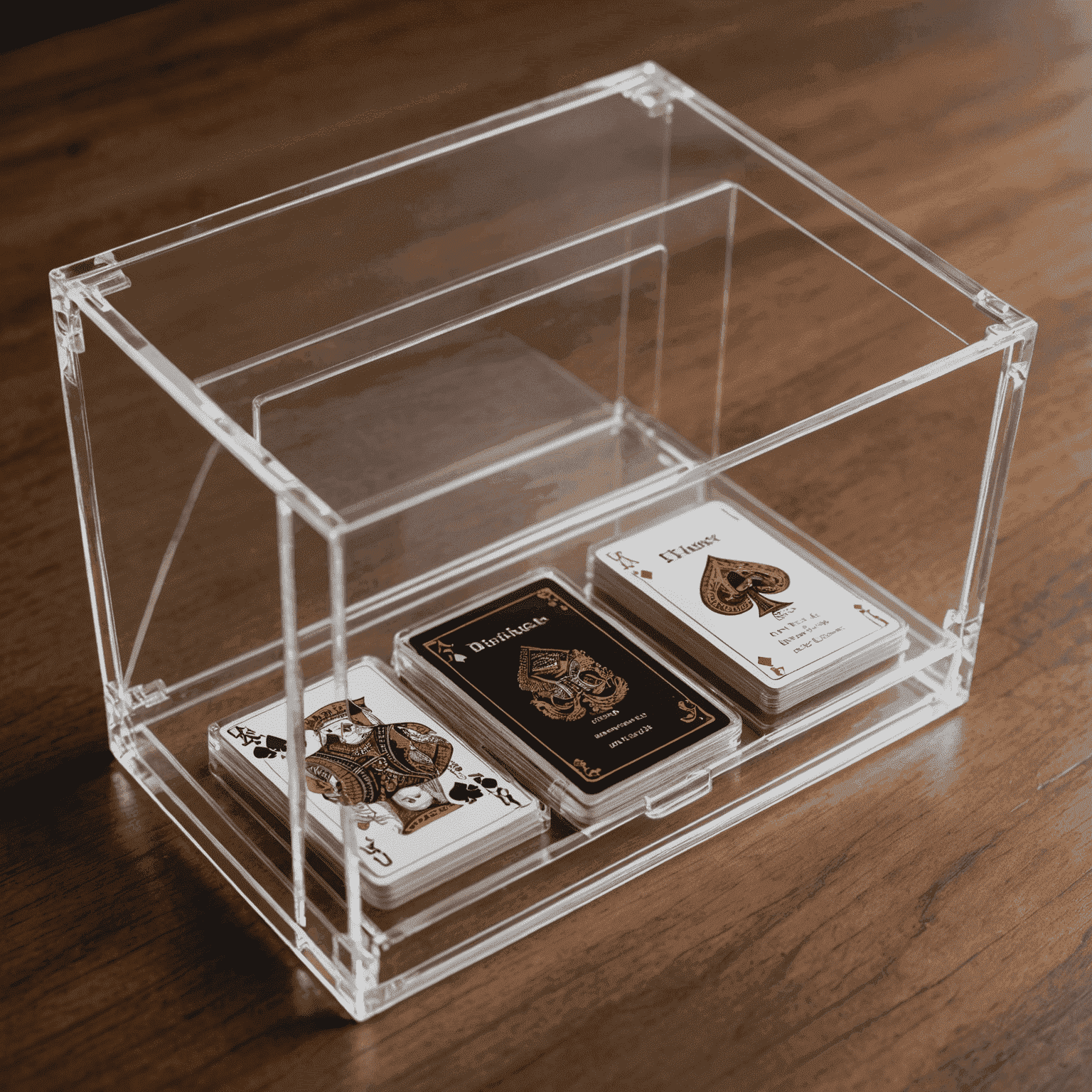 A modern, transparent acrylic case displaying custom cards inside