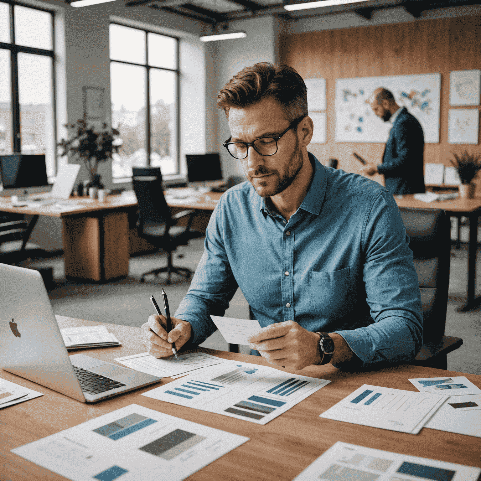 A professional designer consulting with a client, reviewing card designs and material samples in a modern office setting
