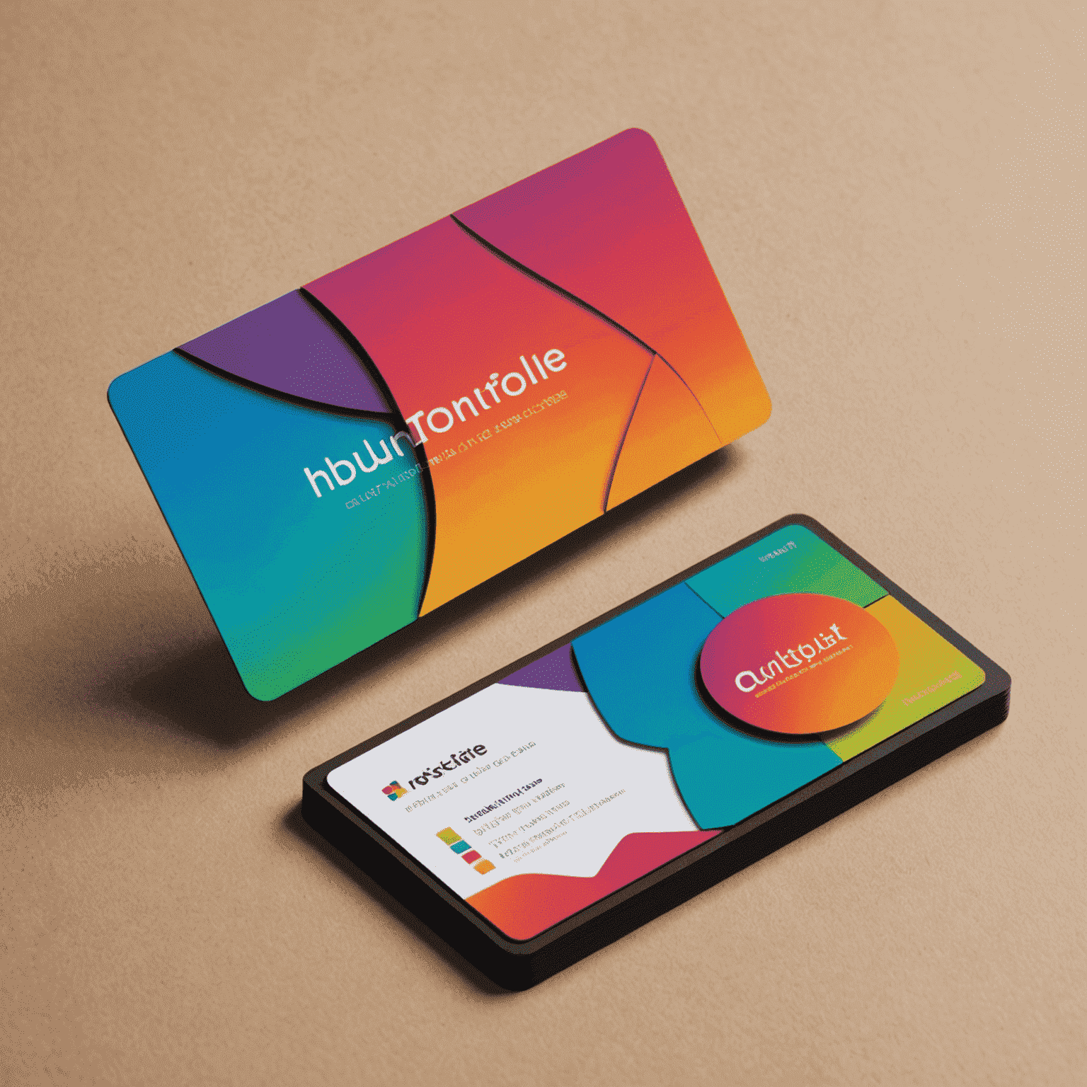 An innovative die-cut business card with a unique shape and vibrant gradient colors, featuring interactive elements like a pop-up section.