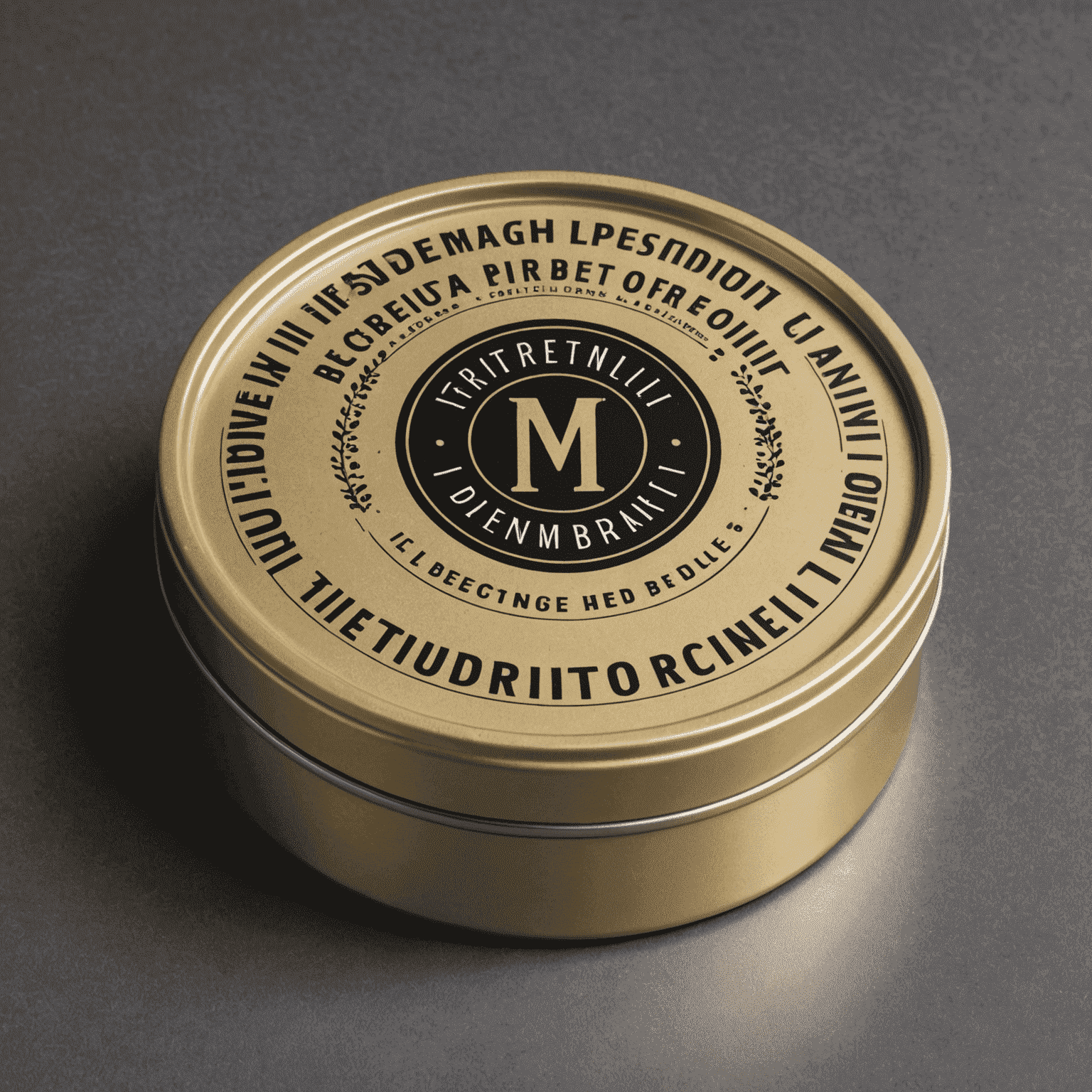 A metal tin with a custom-printed lid featuring a company logo
