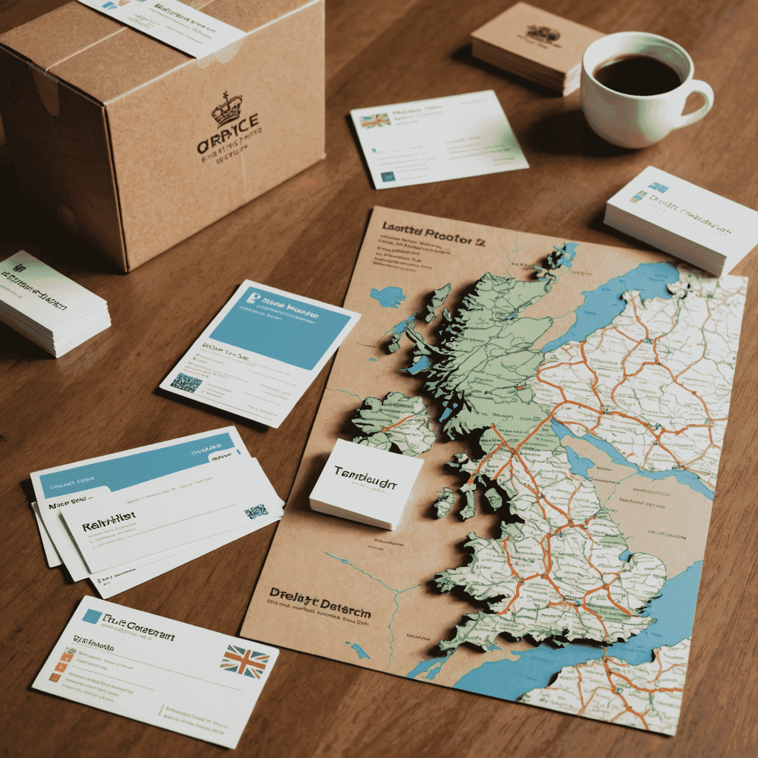 A map of the United Kingdom with delivery routes highlighted, alongside a stack of custom business cards ready for shipping