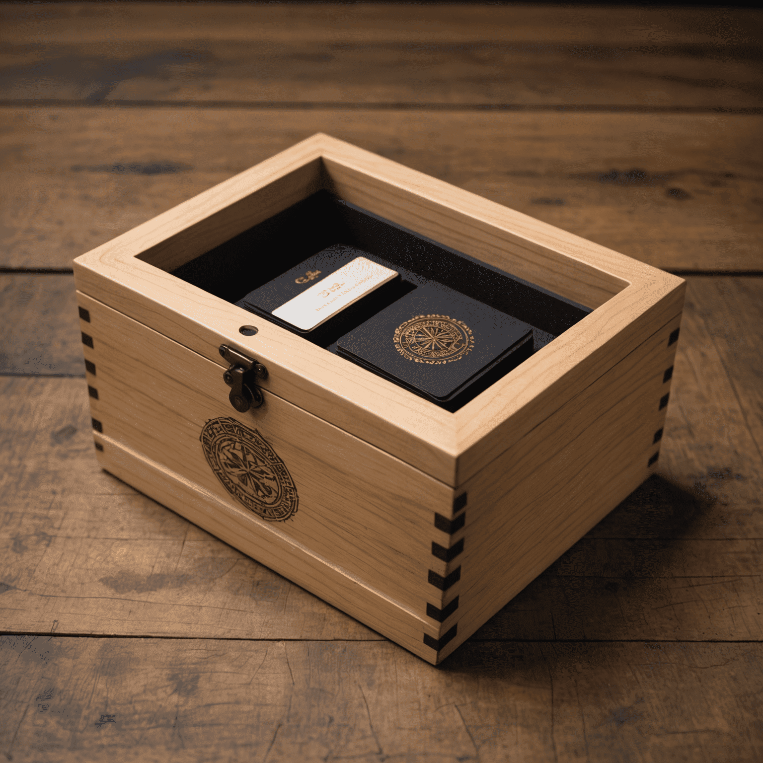 A handcrafted wooden box with a sliding lid, ideal for presenting premium custom cards